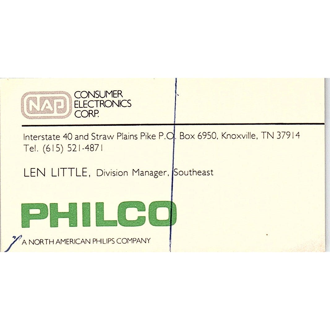 Len Little Philco NAP Electronics Knoxville TN Vintage Business Card SC9-B7