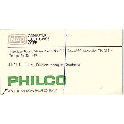 Len Little Philco NAP Electronics Knoxville TN Vintage Business Card SC9-B7
