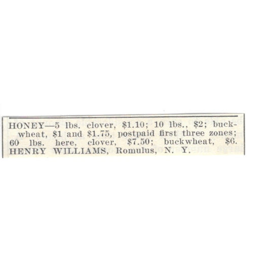Henry Williams Clover Honey Romulus NY 1924 Ad AG3-S5