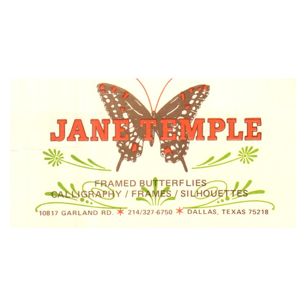 Vintage Jane Temple Dallas TX Framed Butterflies Frames Business Card SF3-B1