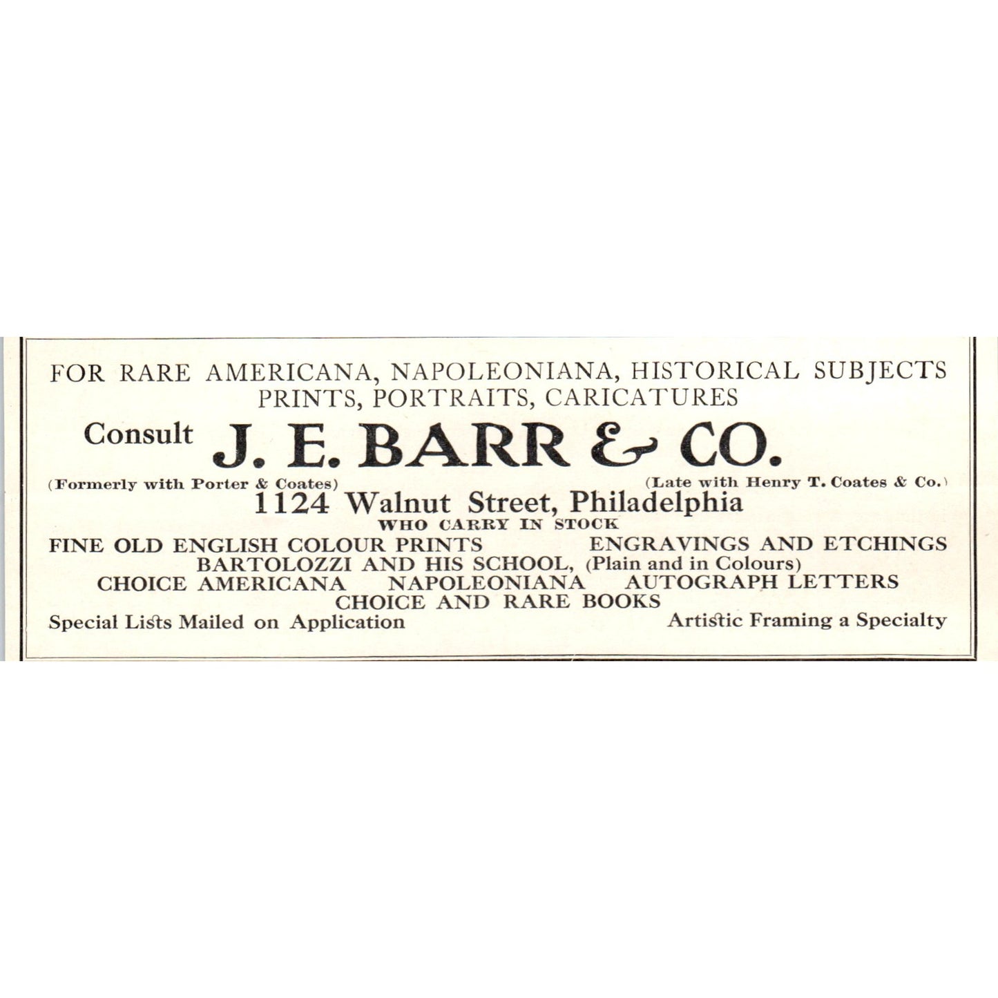J.E. Barr & Co Art Prints Framing Walnut St. Philadelphia c1905 Ad AF1-CM4