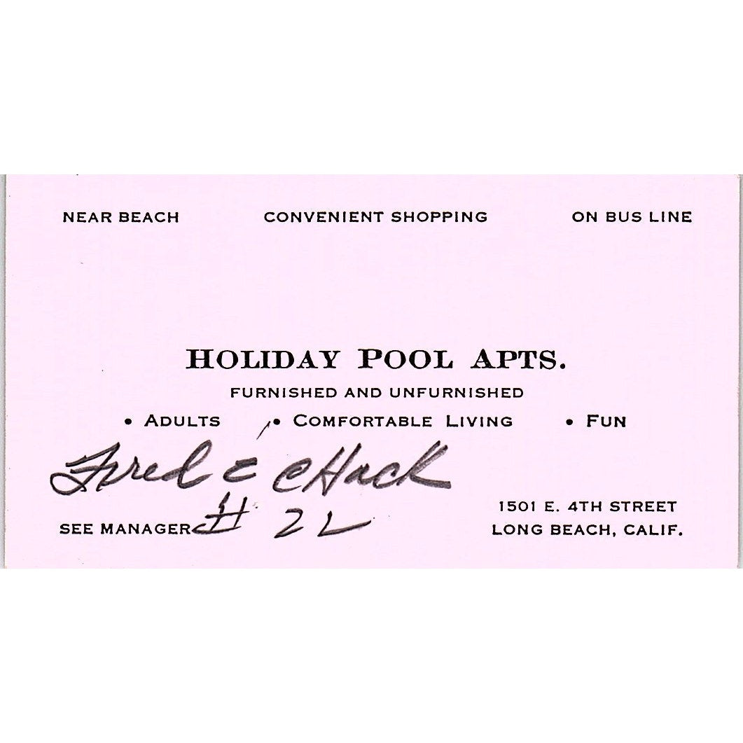 Holiday Pool Apts Fred Chack Long Beach CA Vintage Business Card SE3-B15
