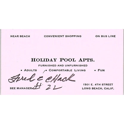 Holiday Pool Apts Fred Chack Long Beach CA Vintage Business Card SE3-B15