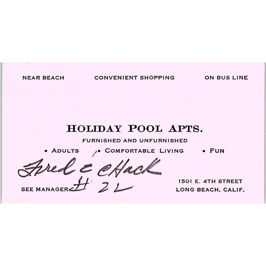 Holiday Pool Apts Fred Chack Long Beach CA Vintage Business Card SE3-B15
