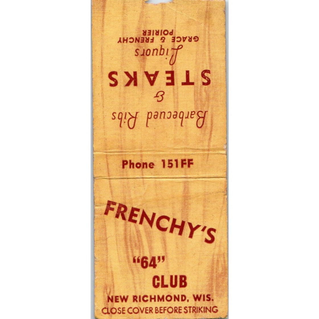 Frenchy's 64 Club New Richmond WI Vintage Matchbook Cover SD2-Y7