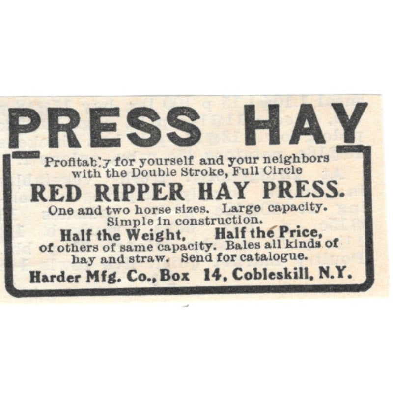 Red Ripper Hay Press Harder Mfg Co Cobleskill NY 1905 Magazine Ad AF1-NES2