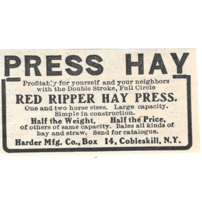 Red Ripper Hay Press Harder Mfg Co Cobleskill NY 1905 Magazine Ad AF1-NES2