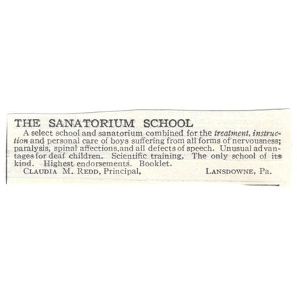 The Sanitorium School Claudia M. Redd Lansdowne PA c1918 Advertisement AE5-SA9