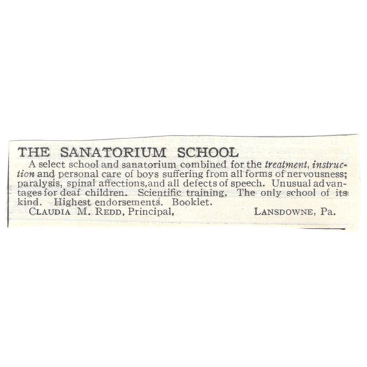 The Sanitorium School Claudia M. Redd Lansdowne PA c1918 Advertisement AE5-SA9
