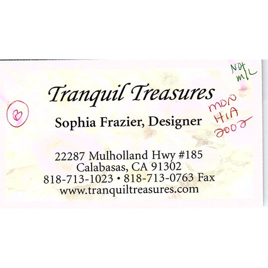 Sophia Frazier Tranquil Treasures Calabasas CA Vintage Business Card SC9-B11