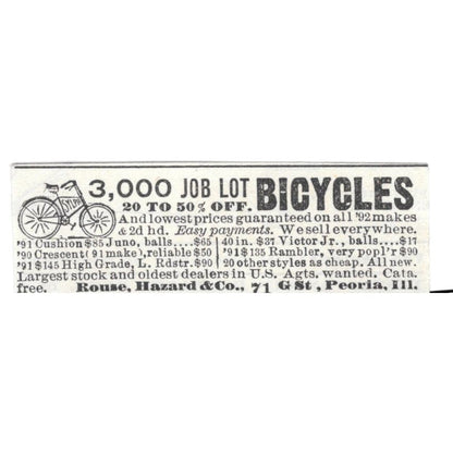 Rouse, Hazard & Co Bicycle Sales Peoria IL c1890 Victorian Ad AE8-CH11