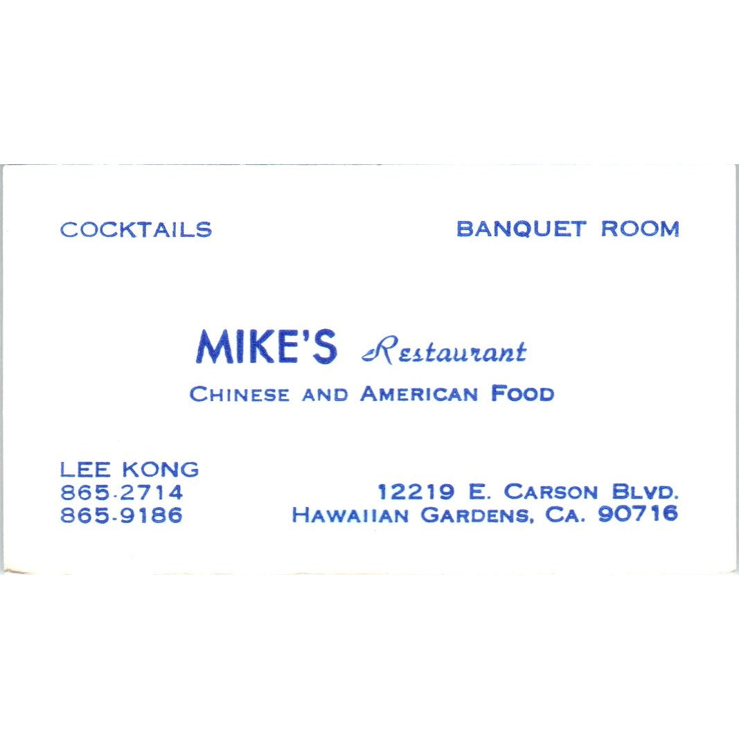 Mike's Restaurant Chinese Hawaiian Gardens CA Vintage Business Card SE3-B6