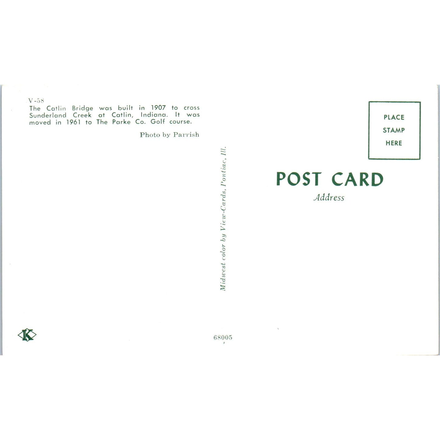 Catlin Bridge Rockville Indiana Vintage Covered Bridge Postcard PD4