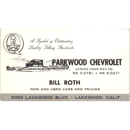 Bill Roth Parkwood Chevrolet Lakewood CA Vintage Business Card SE3-B7