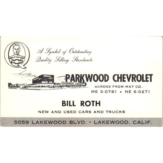 Bill Roth Parkwood Chevrolet Lakewood CA Vintage Business Card SE3-B7