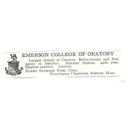 Emerson College of Oratory Boston MA Harry Seymour Ross c1920 Harper's Ad AG4-S1