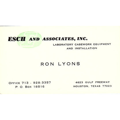Esch and Associates Inc. Ron Lyon Houston Texas Vintage Business Card SB4-B2