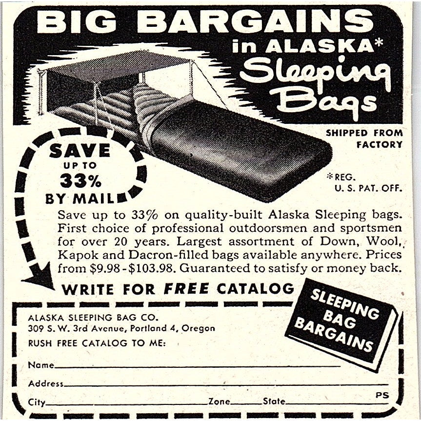 Alaska Sleeping Bag Co Portland Oregon 1955 Ad AF9-M4