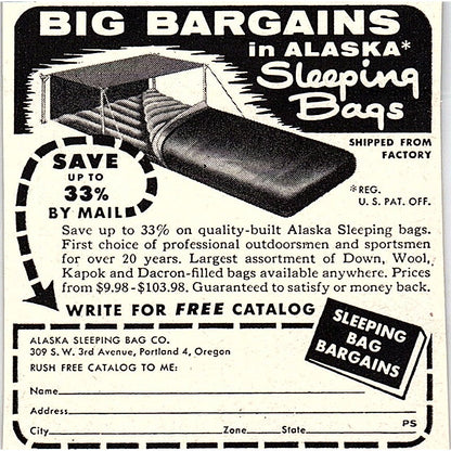 Alaska Sleeping Bag Co Portland Oregon 1955 Ad AF9-M4