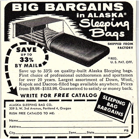 Alaska Sleeping Bag Co Portland Oregon 1955 Ad AF9-M4