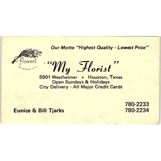 "my florist" Eunice & Bill Tjarks, Houston, TX Vintage Business Card SF3-B8