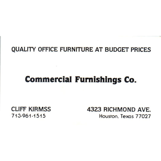 Commercial Furnishings Co Cliff Kirmss Houston Vintage Business Card SD8-B20