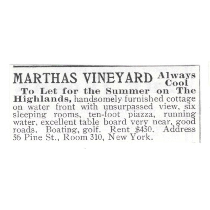 Martha's Vineyard Cottage To Let Summer on the Highlands 1903 Ad AF8-S38