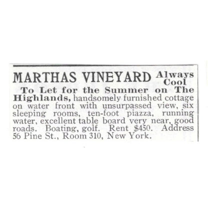Martha's Vineyard Cottage To Let Summer on the Highlands 1903 Ad AF8-S38