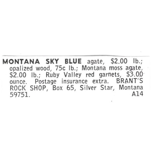 Brant's Rock Shop Montana Sky Blue Agate Silver Star MT 1972 Ad AF8-S12