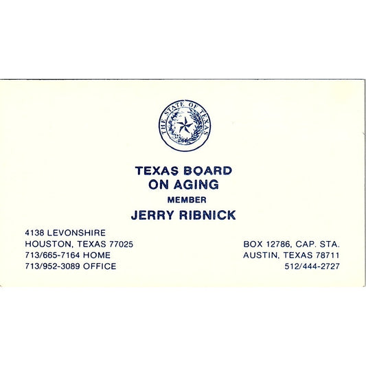 Texas Board On Aging Jerry Ribnick Austin Texas Vintage Business Card SF3-B3