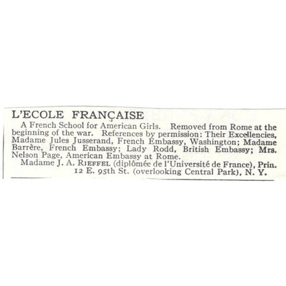 L'ecole Française French School J.A. Rieffel NY c1918 Advertisement AE5-SA6