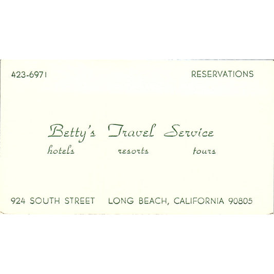 Betty's Travel Services Hotels Tours Long Beach CA Vintage Business Card SB4-B6