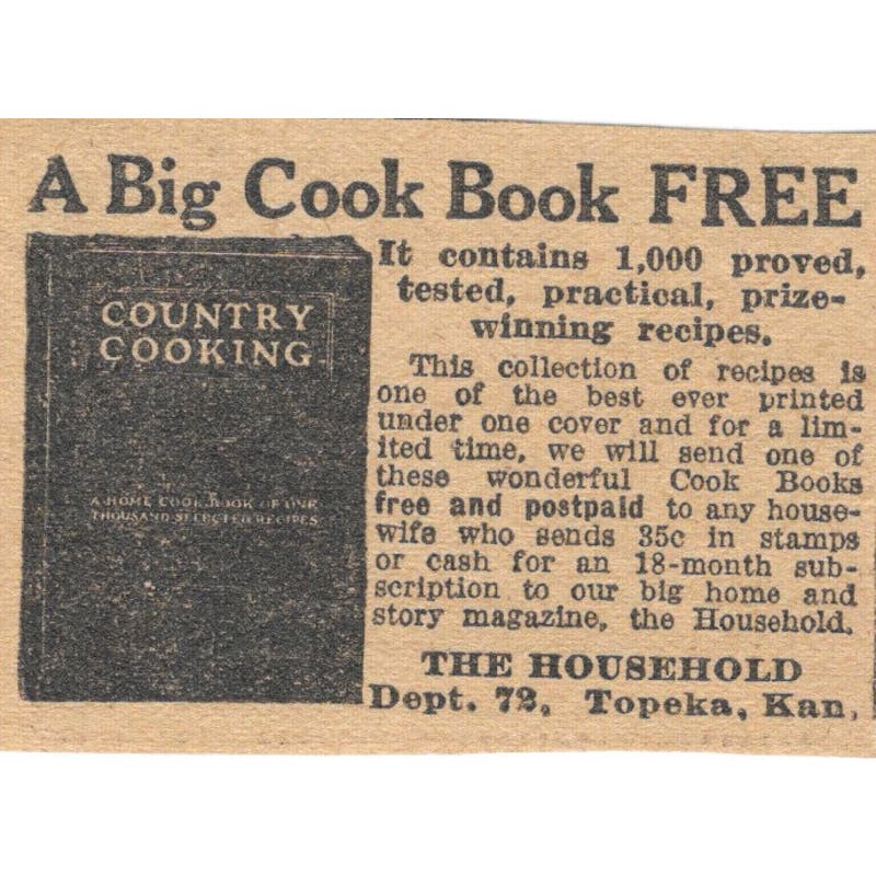 The Household Magazine Topeka KS Free Cookbook Offer 1923 Magazine Ad Clip AE1-8