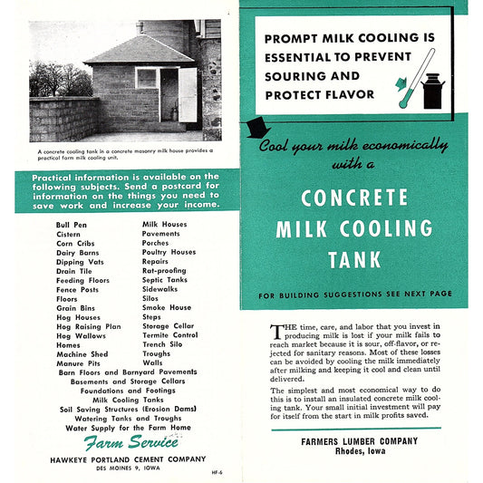 Concrete Milk Cooling Tank Farmers Lumber Co Rhodes IA Vintage Brochure AG5-1