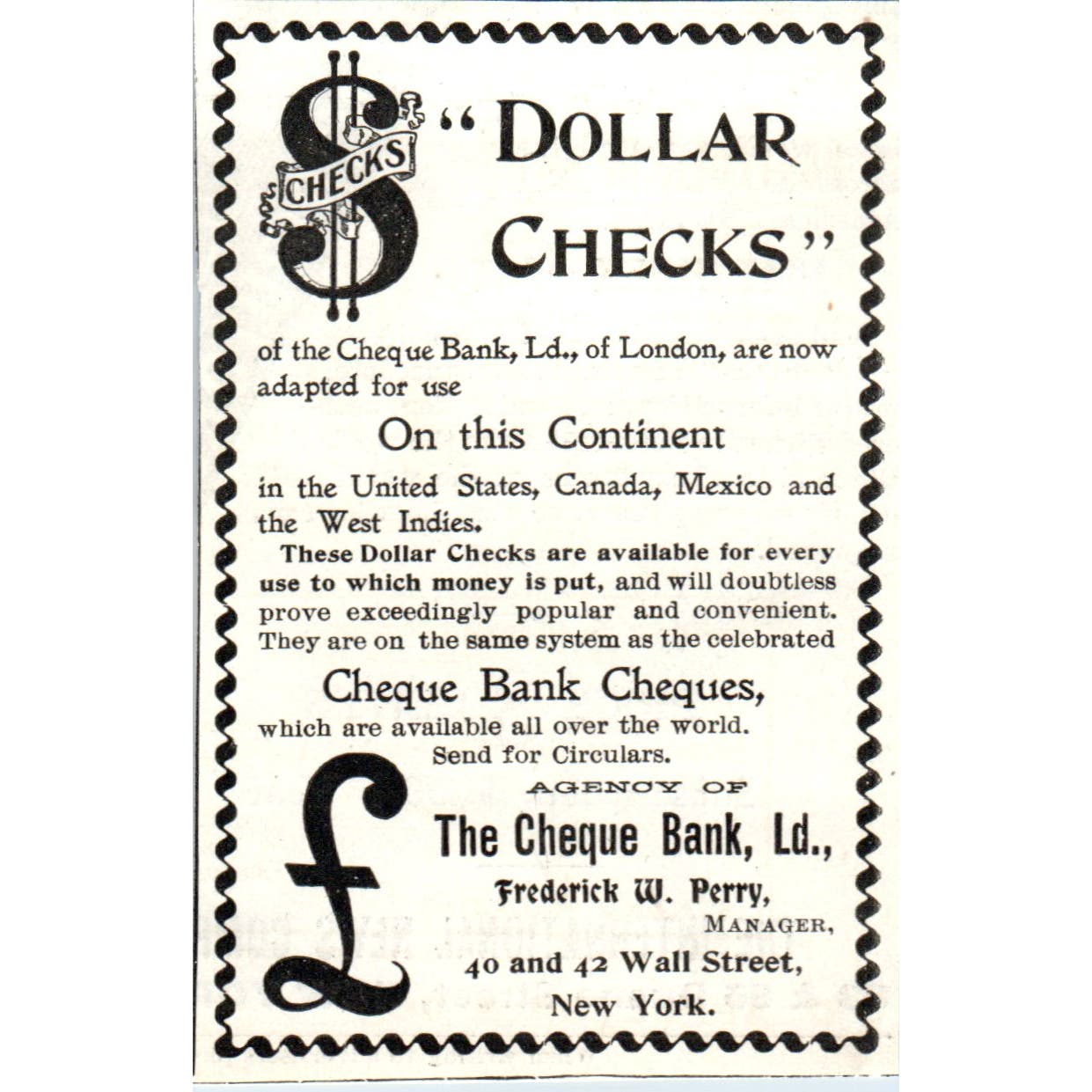 The Cheque Bank Ld, Frederick W. Perry New York 1897 Victorian Ad AE9-TS9