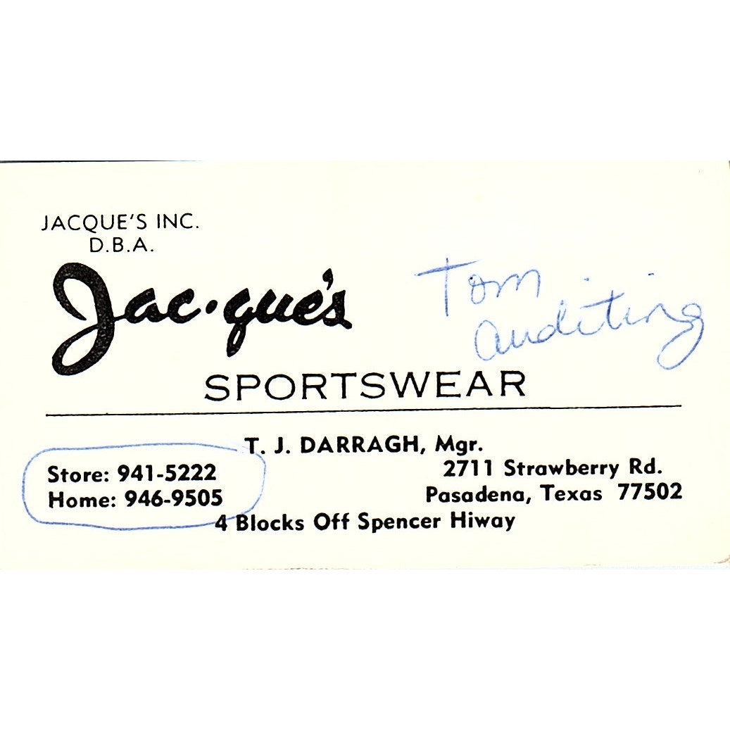 Jacque's Sportswear T.J. Darragh Pasadena TX Vintage Business Card SE5-B5