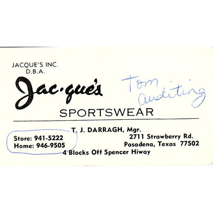 Jacque's Sportswear T.J. Darragh Pasadena TX Vintage Business Card SE5-B5