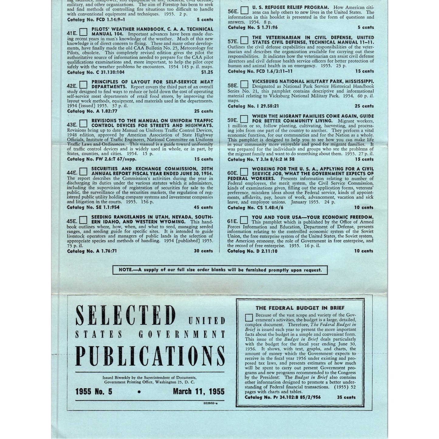 1955 Selected United States Government Publications Order Form AE4