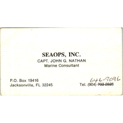 Seaops Inc Capt John G. Nathan Jacksonville FL Vintage Business Card SD8-B19
