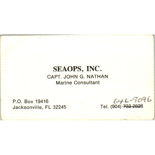 Seaops Inc Capt John G. Nathan Jacksonville FL Vintage Business Card SD8-B19