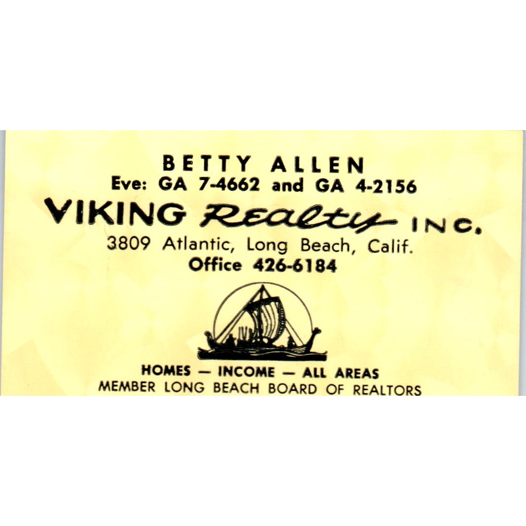 Betty Allen Viking Realty Inc Long Beach CA Vintage Business Card SD4-B5