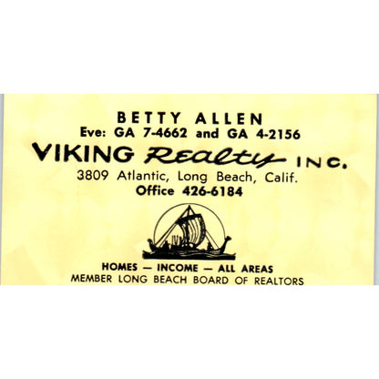 Betty Allen Viking Realty Inc Long Beach CA Vintage Business Card SD4-B5