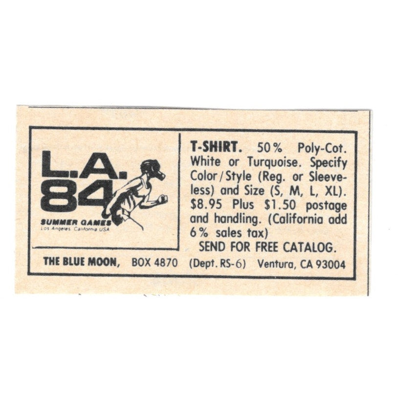 LA '84 Summer Games Olympics T-Shirts The Blue Moon Ventura CA 1984 Ad AF8-S7
