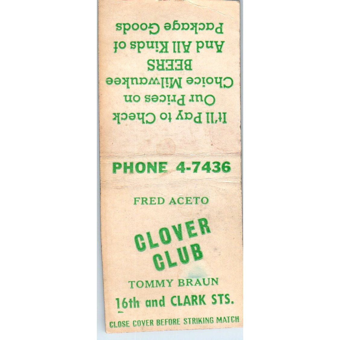 Clover Club Fred Aceto Tommy Braun Milwaukee Vintage Matchbook Cover SD2-Y8