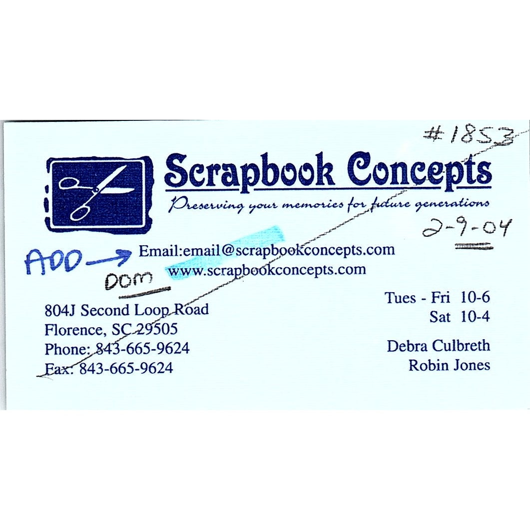 Scrapbook Concepts Debra Culbreth Robin Jones Florence SC Business Card SC9-B10