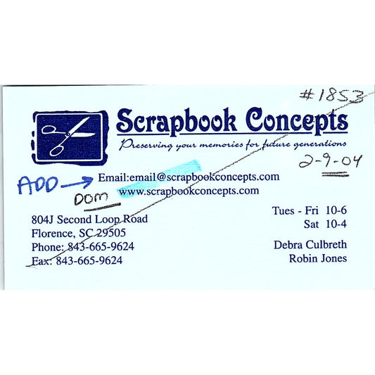 Scrapbook Concepts Debra Culbreth Robin Jones Florence SC Business Card SC9-B10