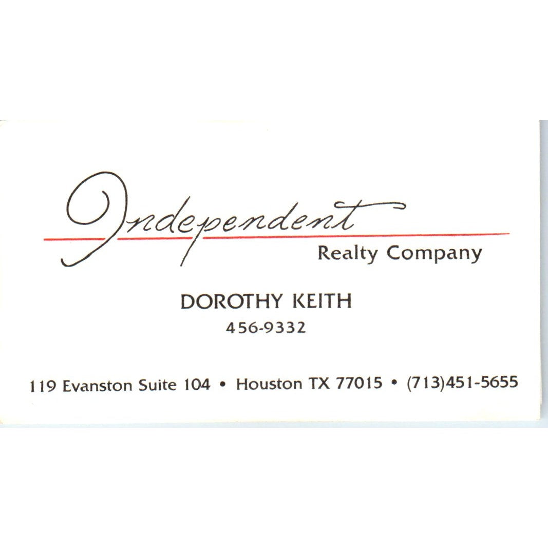 Dorothy Keith Independent Realty Co Houston TX Vintage Business Card SD8-B2