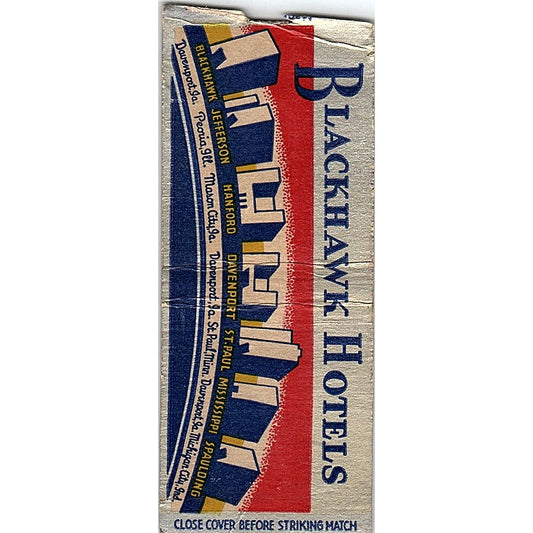 Blackhawk Hotels IA, IL, IN, MN Vintage Matchbook Cover SC7-Y10