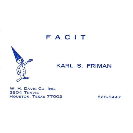 Karl S. Friman Facit W.H. Davis Co Inc Houston Vintage Business Card SE3-B2