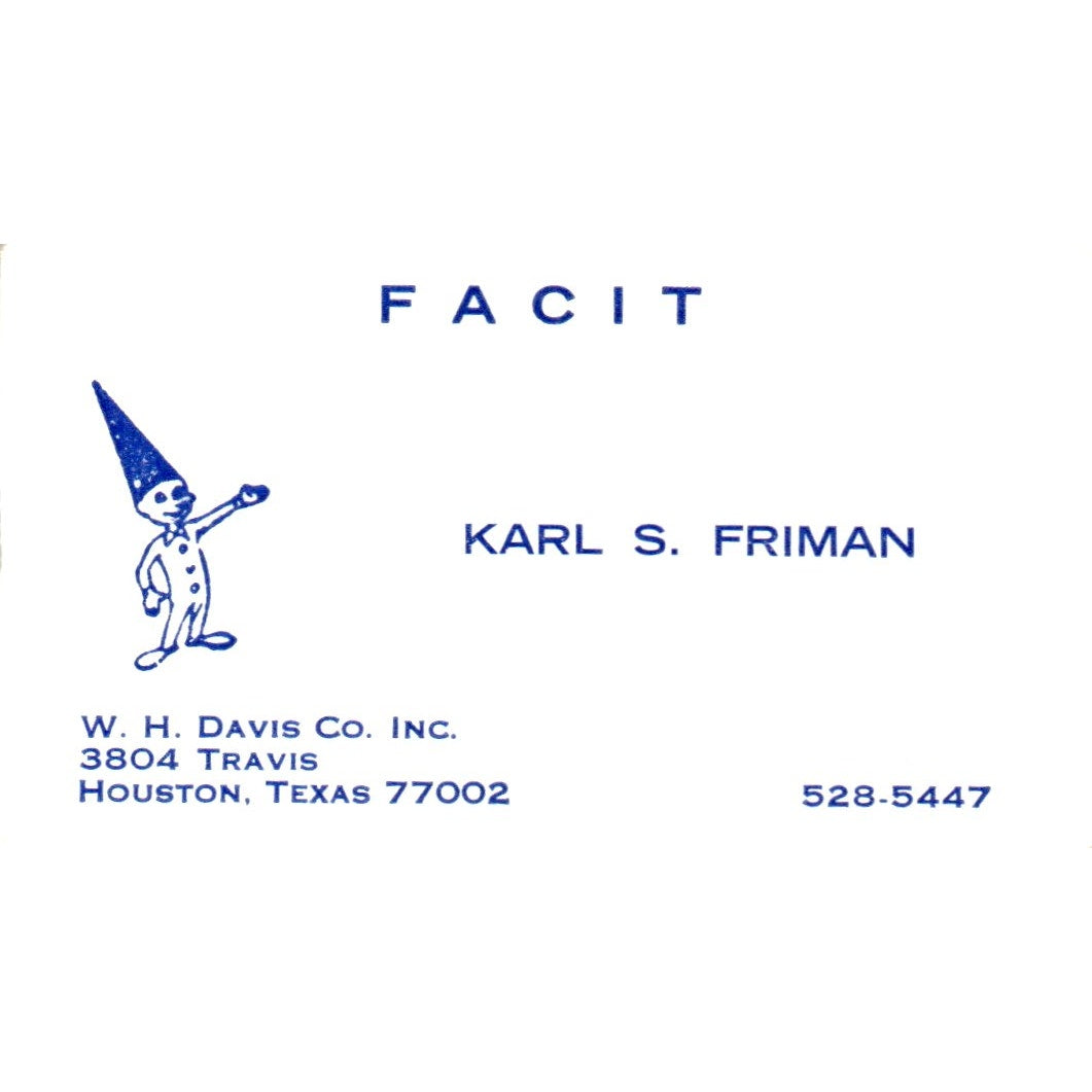 Karl S. Friman Facit W.H. Davis Co Inc Houston Vintage Business Card SE3-B2